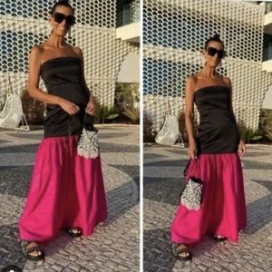 BNWT ZARA BLACK AND FUCHSIA LONG DRESS WITH BUTTON DETAIL ON BACK - STRAPLESS